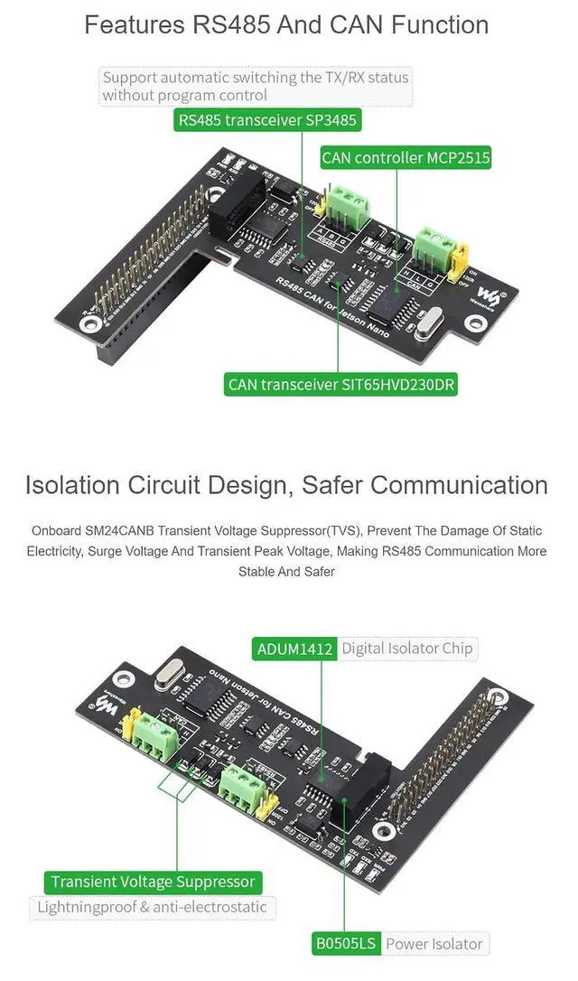 Alt view image 5 of 7 - RS485 CAN Expansion Board for Jetson Nano, Isolation Circuit Design, Onboard TVS, Built-in Protection Circuit