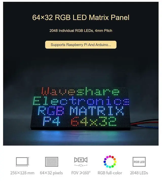 Alt view image 3 of 7 - RGB Full-Color LED Matrix Panel for Raspberry Pi and Ardui, 4mm Pitch, 64×32, Brightness Adjustable,2048 Individual RGB LEDs