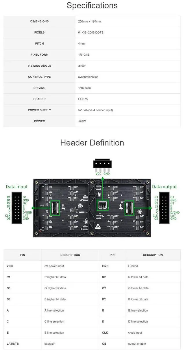 Alt view image 4 of 7 - RGB Full-Color LED Matrix Panel for Raspberry Pi and Ardui, 4mm Pitch, 64×32, Brightness Adjustable,2048 Individual RGB LEDs