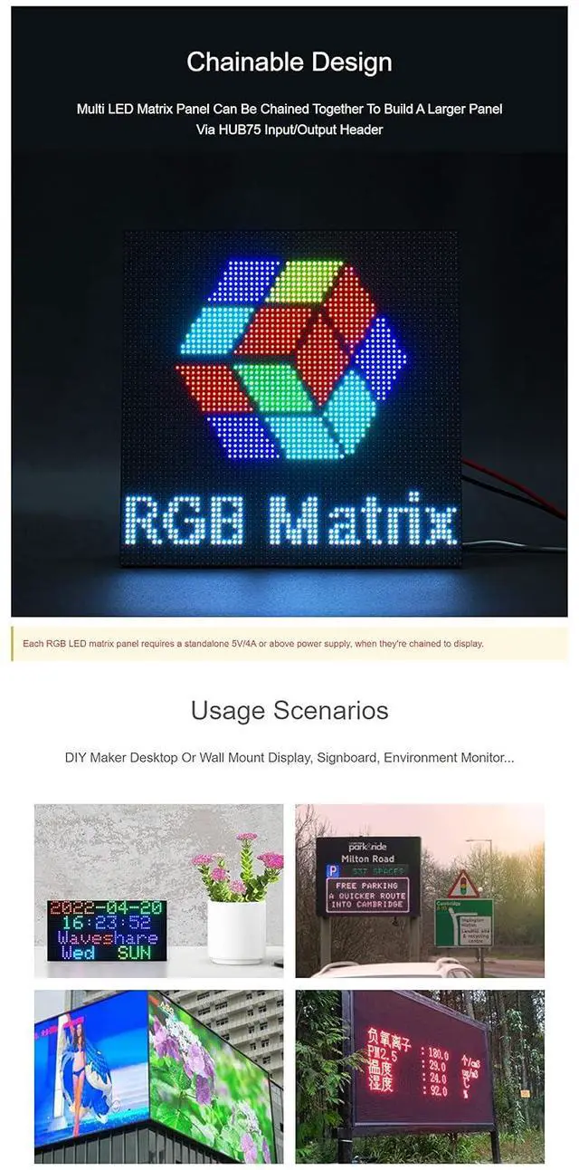 Alt view image 5 of 7 - RGB Full-Color LED Matrix Panel for Raspberry Pi and Ardui, 4mm Pitch, 64×32, Brightness Adjustable,2048 Individual RGB LEDs