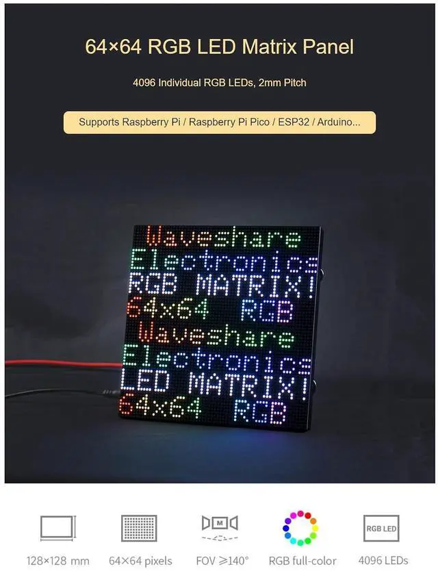 Alt view image 4 of 7 - RGB Full-Color LED Matrix Panel, 64×64 RGB LED Matrix Panel - 2mm Pitch for for Raspberry Pi 4B+ 4B 3B+ 3B 2B+ Zero W WH 2 W Pico ESP32 Ardui Adjustable Brightness