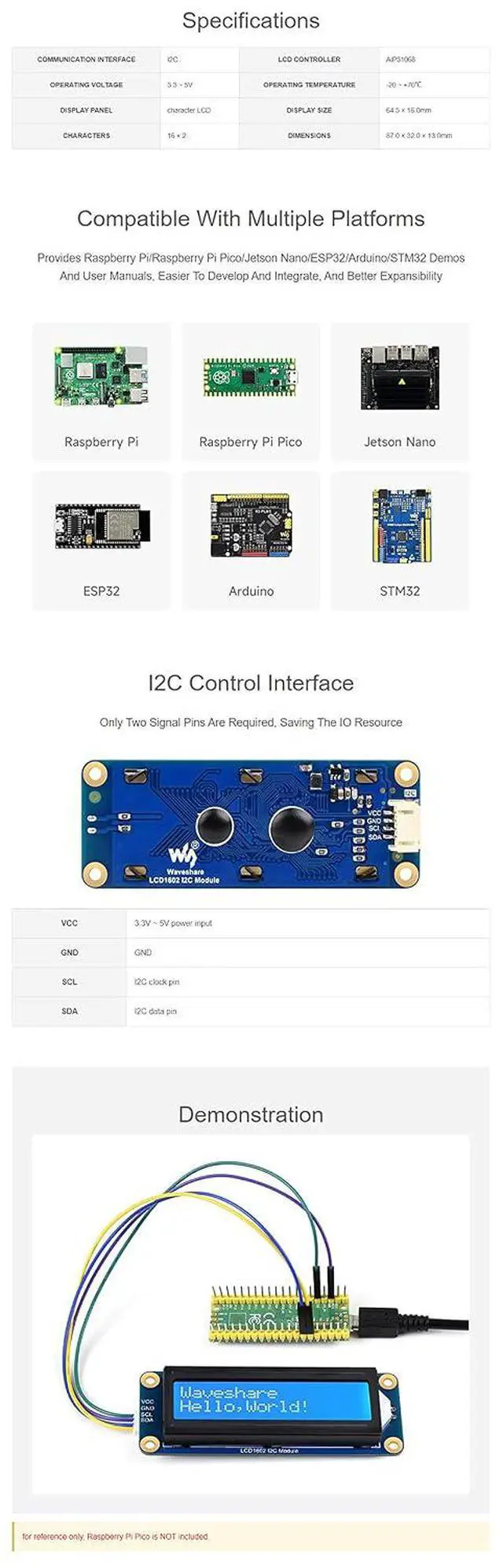 Alt view image 6 of 7 - LCD1602 Display Module for Raspberry Pi 4B+ 4B 3B+ 3B 2B+ Zero W WH Pico Jetson Nano ESP32 Ardui...I2C Display Module 3.3V/5V 16x2 Characters White Color Blue Background