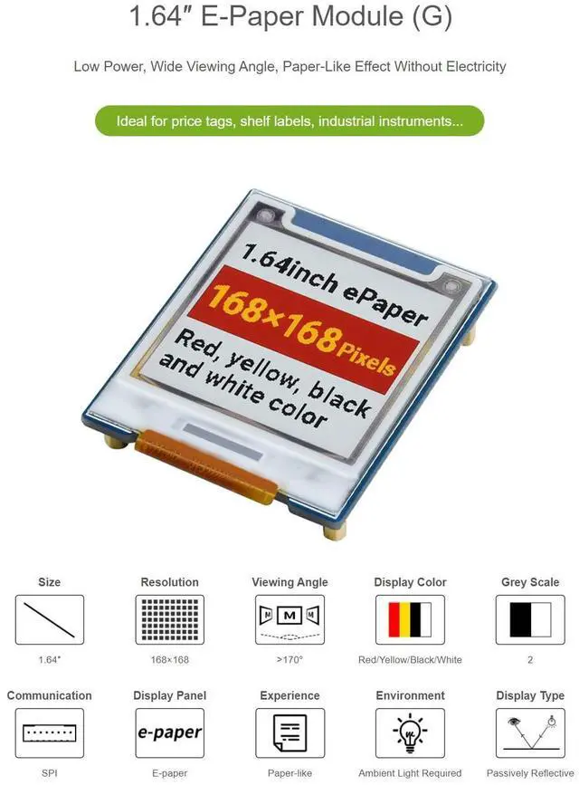Alt view image 4 of 7 - 1.64inch Square E-Paper Module (G) for Raspberry Pi/Jetson Nano, Red/Yellow/Black/White Four Colors E-Ink Display, 168 × 168