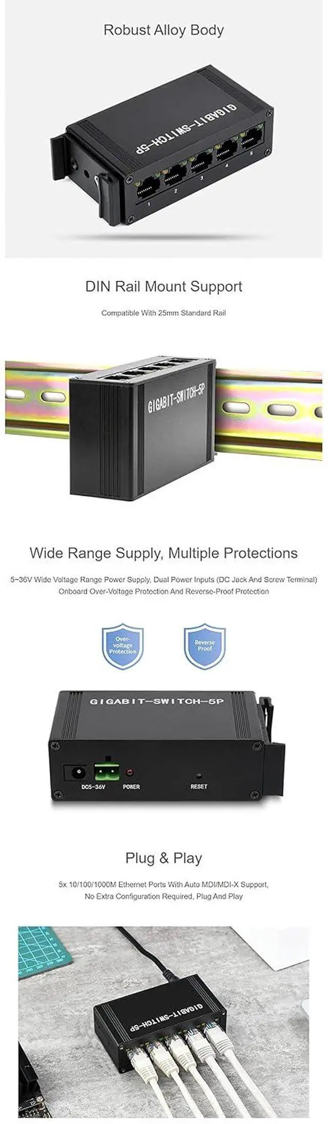 Alt view image 4 of 5 - Industrial Grade 5P Gigabit Ethernet Switch, 5X 10/100/1000M Ethernet Ports, Support DIN Rail Mount, IEEE 802.3X-Compliant