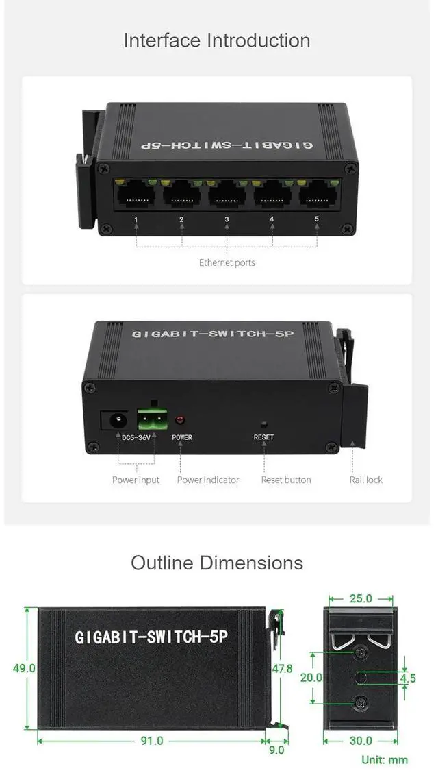 Alt view image 5 of 5 - Industrial Grade 5P Gigabit Ethernet Switch, 5X 10/100/1000M Ethernet Ports, Support DIN Rail Mount, IEEE 802.3X-Compliant