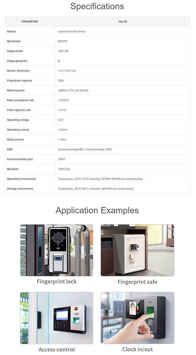 Alt view image 5 of 6 - Rectangle-Shaped All-in-One Capacitive Fingerprint Sensor (E) Compatible for STM32/Raspberry Pi, UART Connector, High Performance Cortex Processor