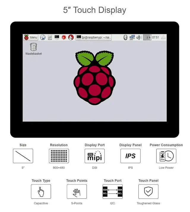 Alt view image 5 of 7 - 5inch Capacitive IPS Touch Display Panel for Raspberry Pi Series Board, DSI Interface, 800×480, 5-Points Touch, No Need Driver