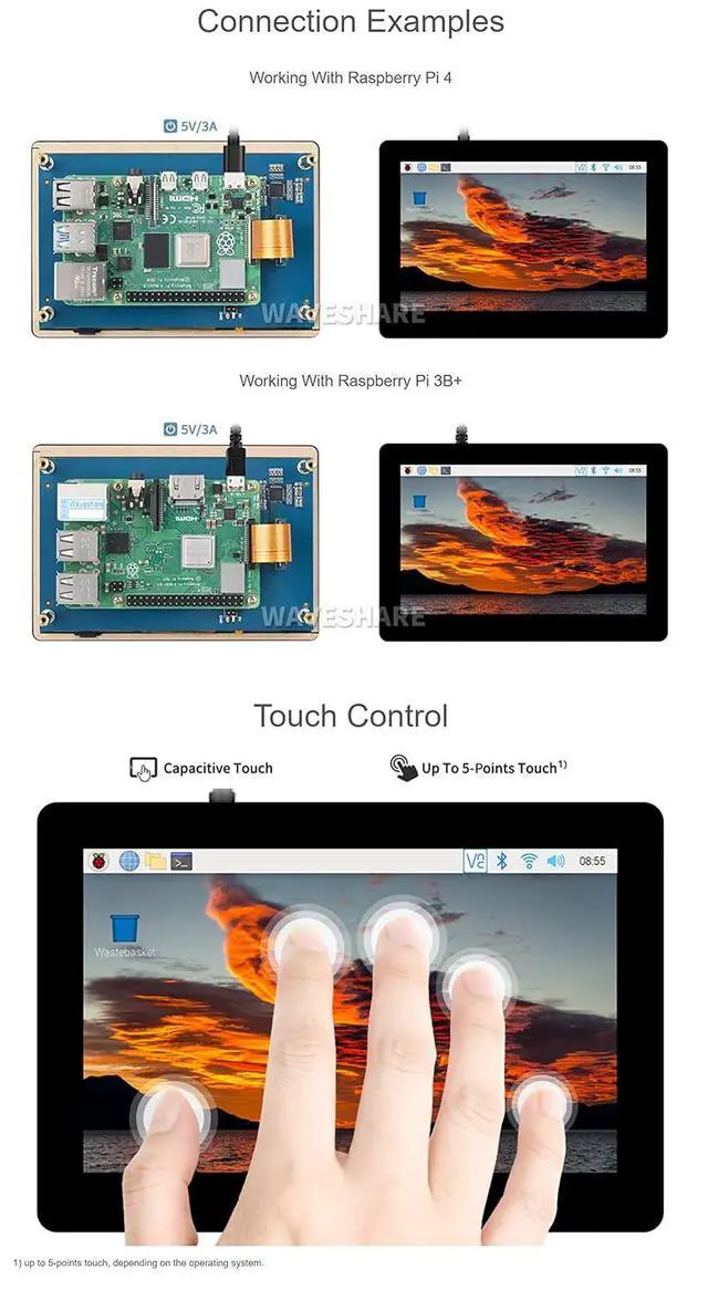 Alt view image 6 of 7 - 5inch Capacitive IPS Touch Display Panel for Raspberry Pi Series Board, DSI Interface, 800×480, 5-Points Touch, No Need Driver