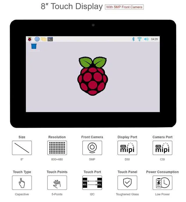 Alt view image 3 of 7 - 8inch Capacitive Touch Display Panel for Raspberry Pi Series Board, DSI Interface, with OV5647 5MP Front Camera, 800×480 Resolution