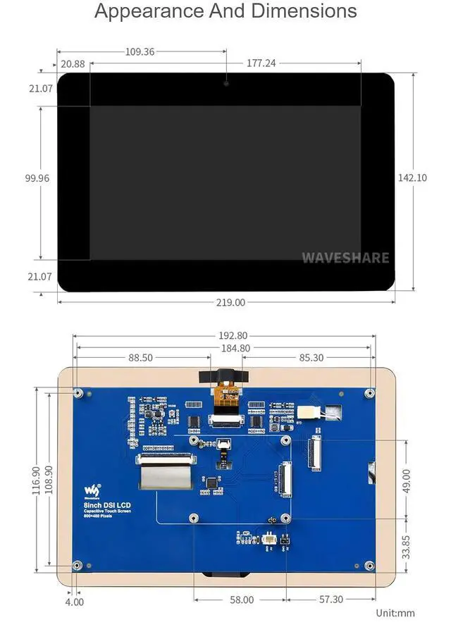 Alt view image 6 of 7 - 8inch Capacitive Touch Display Panel for Raspberry Pi Series Board, DSI Interface, with OV5647 5MP Front Camera, 800×480 Resolution