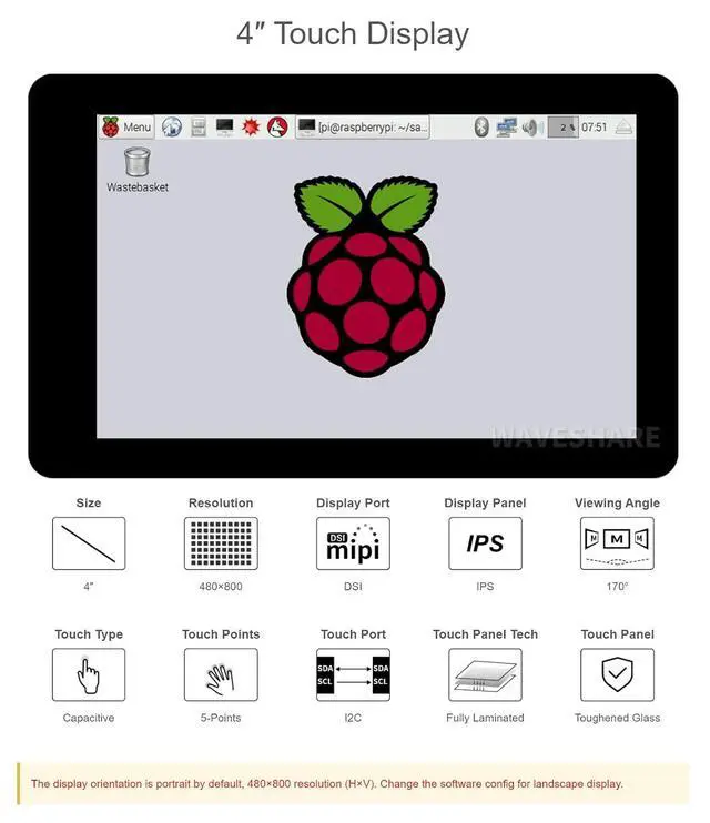 Alt view image 4 of 6 - 4inch Capacitive Touch Display for Raspberry Pi Series Board, IPS Panel, DSI Interface, 480×800 Resolution,up to 5-Points Touch