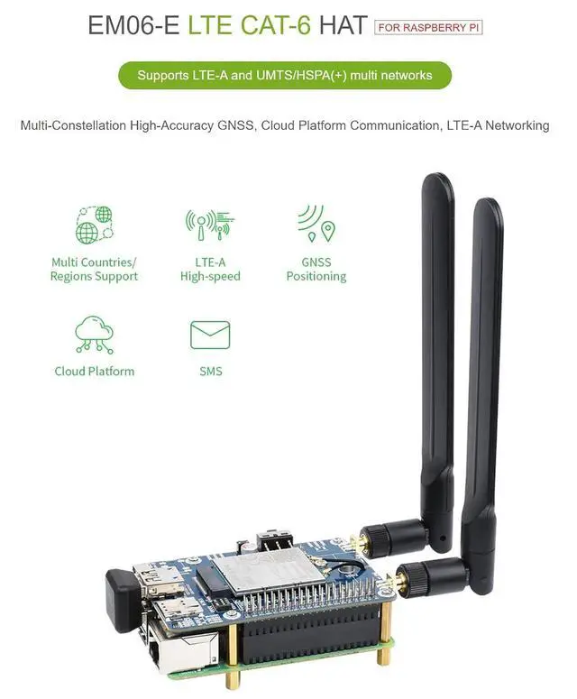 Alt view image 2 of 7 - EM06-E LTE Cat-6 HAT for Raspberry Pi/Jetson Nano, High-Accuracy GNSS, Dual Antennas LTE-A Networking, Multi Regions Multi Band