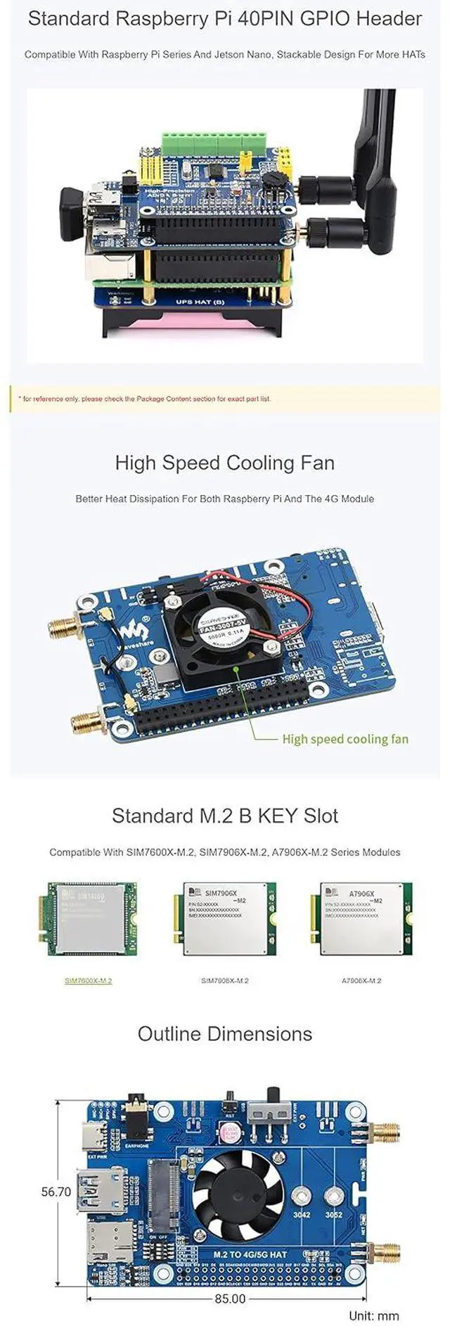 Alt view image 6 of 7 - SIM7600G-H M.2 4G HAT for Raspberry Pi/Jetson Nano, LTE CAT4 Global Band,High Speed, 4G/3G/2G Comunication, GNSS Positioning
