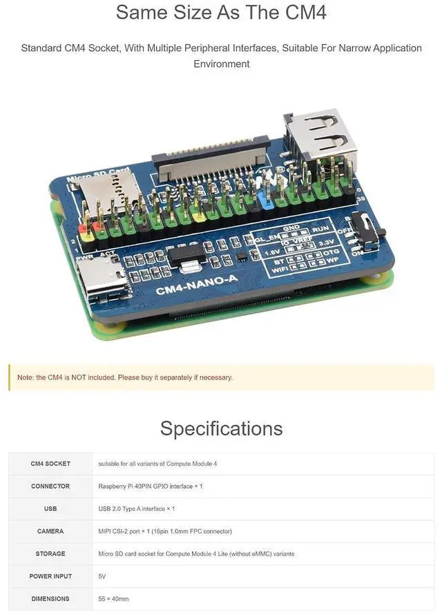 Alt view image 5 of 6 - Nano Base Board (A) for Raspberry Pi Compute Module 4 Lite/eMMC, 40PIN GPIO Interface, Same Size As CM4