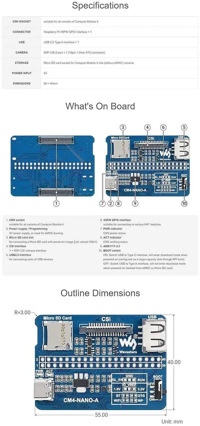 Alt view image 6 of 6 - Nano Base Board (A) for Raspberry Pi Compute Module 4 Lite/eMMC, 40PIN GPIO Interface, Same Size As CM4
