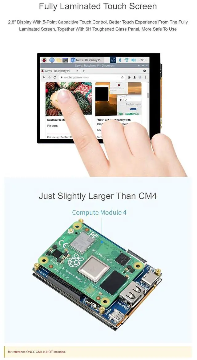 Alt view image 4 of 4 - 2.8inch Touch Screen Expansion for Raspberry Pi Compute Module 4(CM4), USB2.0 Interface,Fully Laminated Display, Gigabit Ethernet