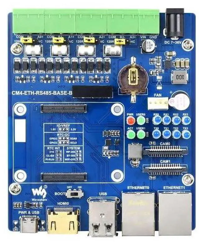 Main image of Dual ETH Quad RS485 Base Board (B) Designed for Raspberry Pi Compute Module 4(CM4), USB2.0 Type A, Gigabit Ethernet RJ45, 4CH Isolated RS485