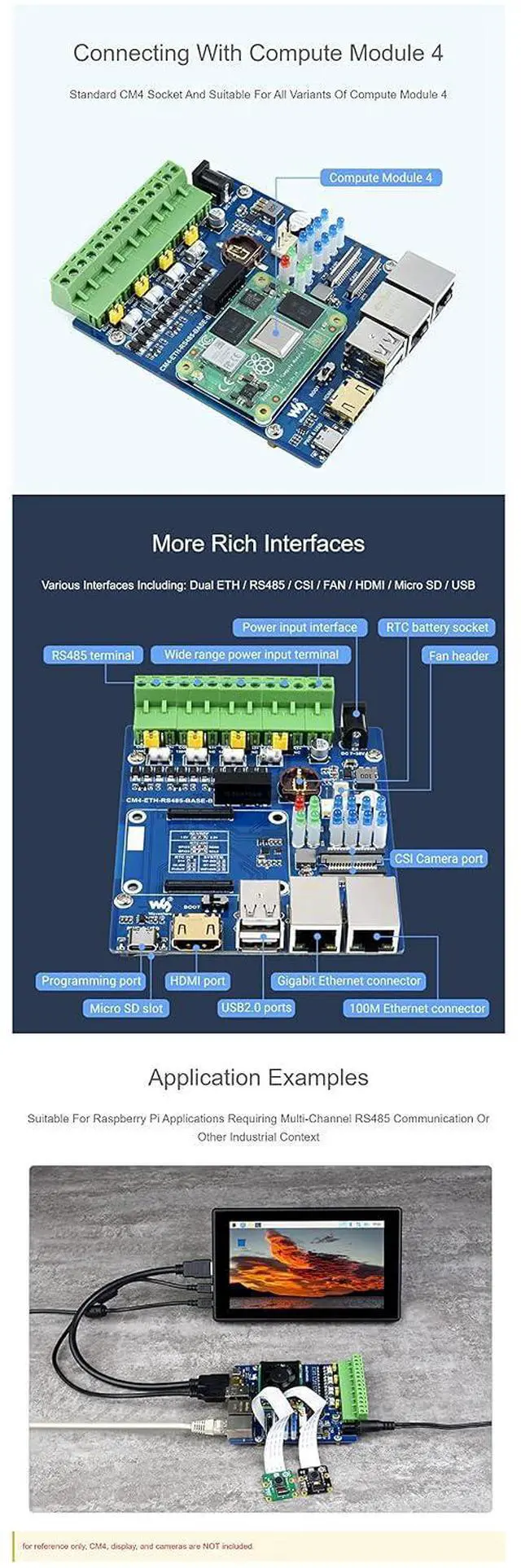 Alt view image 6 of 7 - Dual ETH Quad RS485 Base Board (B) Designed for Raspberry Pi Compute Module 4(CM4), USB2.0 Type A, Gigabit Ethernet RJ45, 4CH Isolated RS485