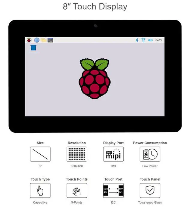 Alt view image 5 of 7 - 8inch Capacitive Touch Display for Raspberry Pi, DSI Interface, 800×480, Brightness Adjustable,with Reversed Camera Hole