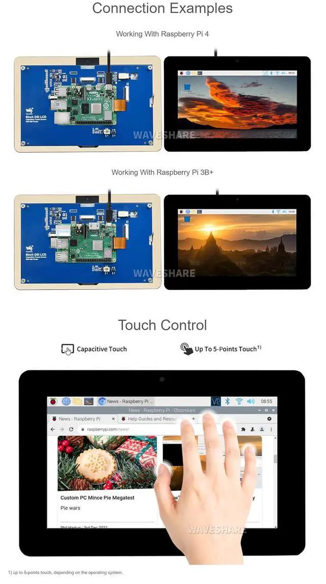 Alt view image 6 of 7 - 8inch Capacitive Touch Display for Raspberry Pi, DSI Interface, 800×480, Brightness Adjustable,with Reversed Camera Hole
