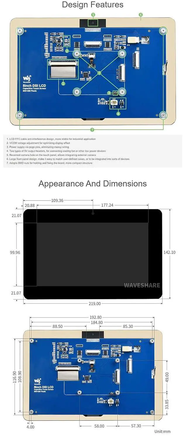 Alt view image 7 of 7 - 8inch Capacitive Touch Display for Raspberry Pi, DSI Interface, 800×480, Brightness Adjustable,with Reversed Camera Hole
