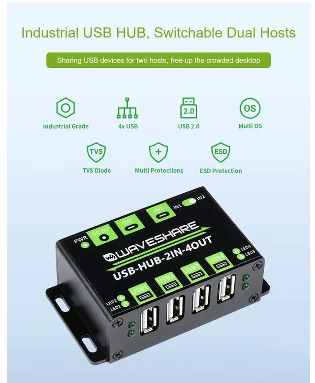 Alt view image 3 of 6 - Industrial Grade USB HUB, 4X Extended USB Ports, Switchable Two Inputs, Sharing Two Hosts