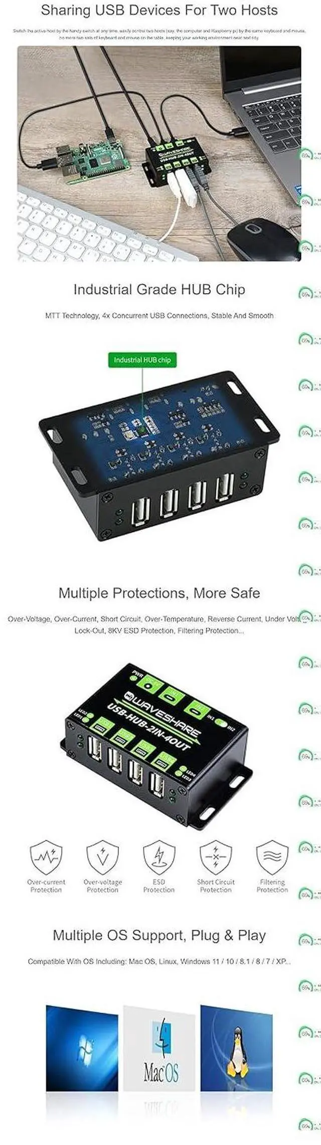 Alt view image 5 of 6 - Industrial Grade USB HUB, 4X Extended USB Ports, Switchable Two Inputs, Sharing Two Hosts