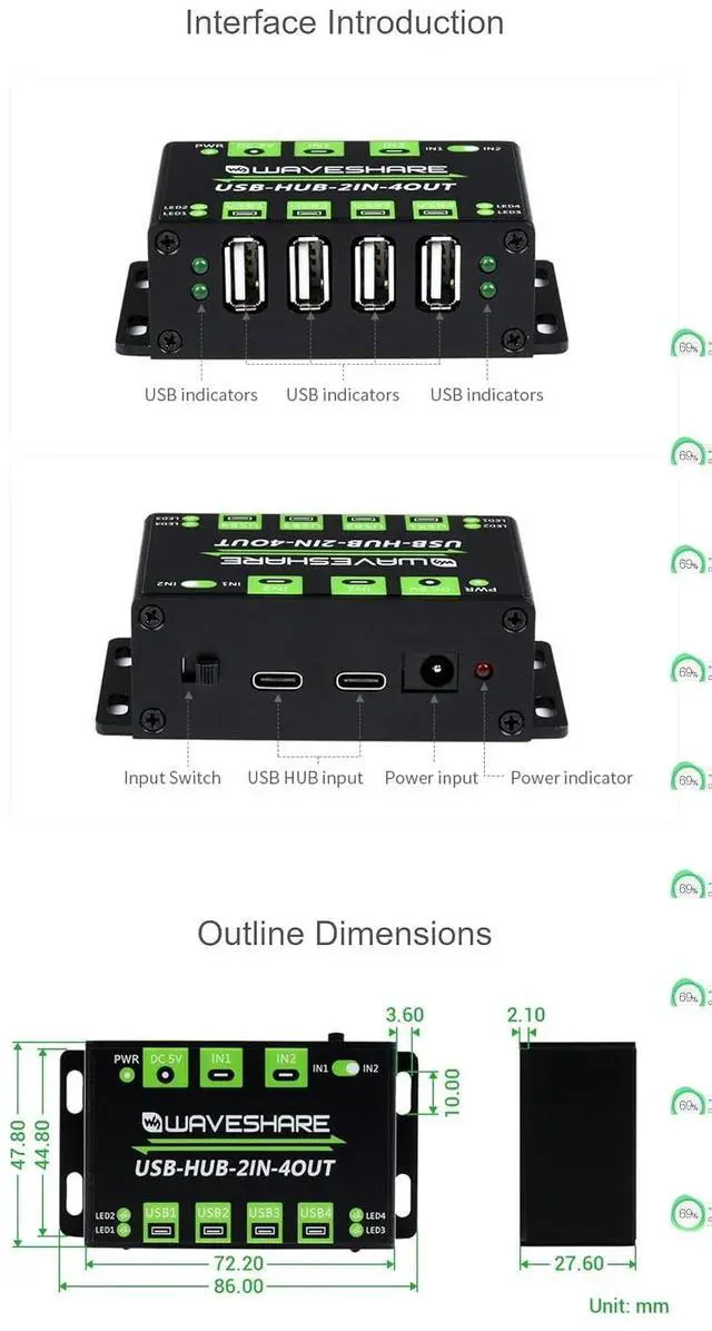 Alt view image 6 of 6 - Industrial Grade USB HUB, 4X Extended USB Ports, Switchable Two Inputs, Sharing Two Hosts