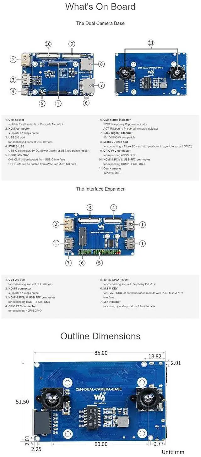 Alt view image 7 of 7 - Binocular Camera Base Board Designed for Raspberry Pi Compute Module 4(CM4) Lite/eMMC Variants,with Interface Expander Board & FFC Cable