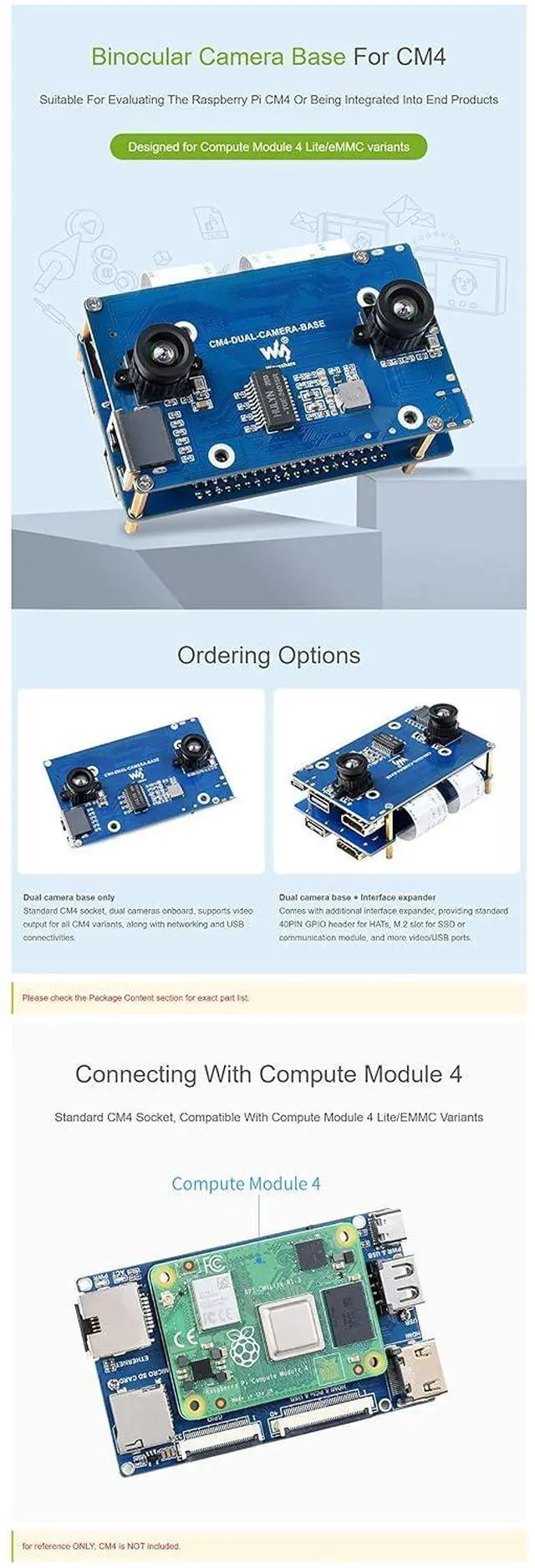 Alt view image 4 of 7 - Binocular Camera Base Board Designed for Raspberry Pi Compute Module 4(CM4) Lite/eMMC Variants,with Interface Expander Board & FFC Cable
