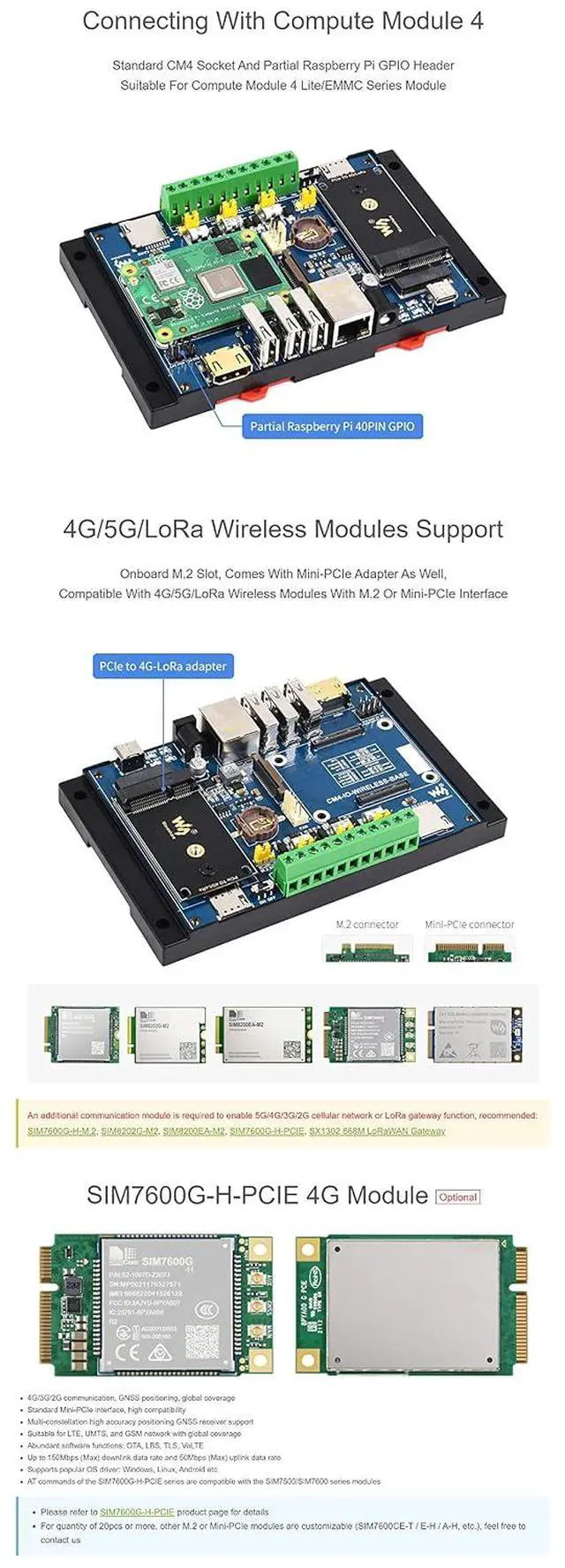 Alt view image 4 of 7 - Industrial IoT Wireless Expansion Module Based for Raspberry Pi Compute Module 4 (CM4),Support 4G/5G/LoRa, Multi Interfaces Come with 4G Module SIM7600G-H-PCIE
