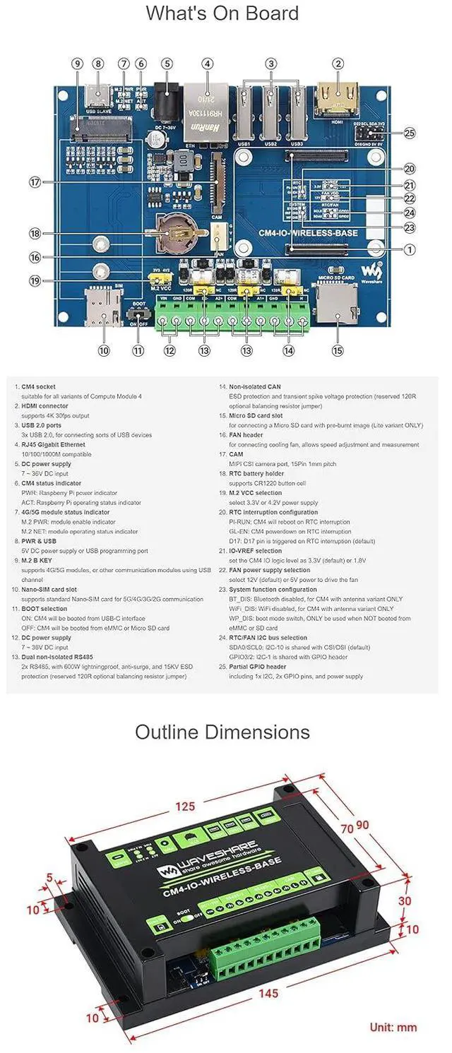 Alt view image 6 of 7 - Industrial IoT Wireless Expansion Module Based for Raspberry Pi Compute Module 4 (CM4),Support 4G/5G/LoRa, Multi Interfaces Come with 4G Module SIM7600G-H-PCIE