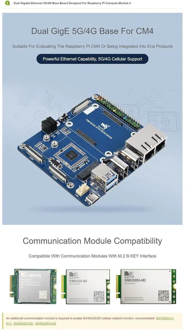 Alt view image 4 of 7 - Dual Gigabit Ethernet 5G/4G Cellular Support Base Board Designed for Raspberry Pi Compute Module 4(CM4)