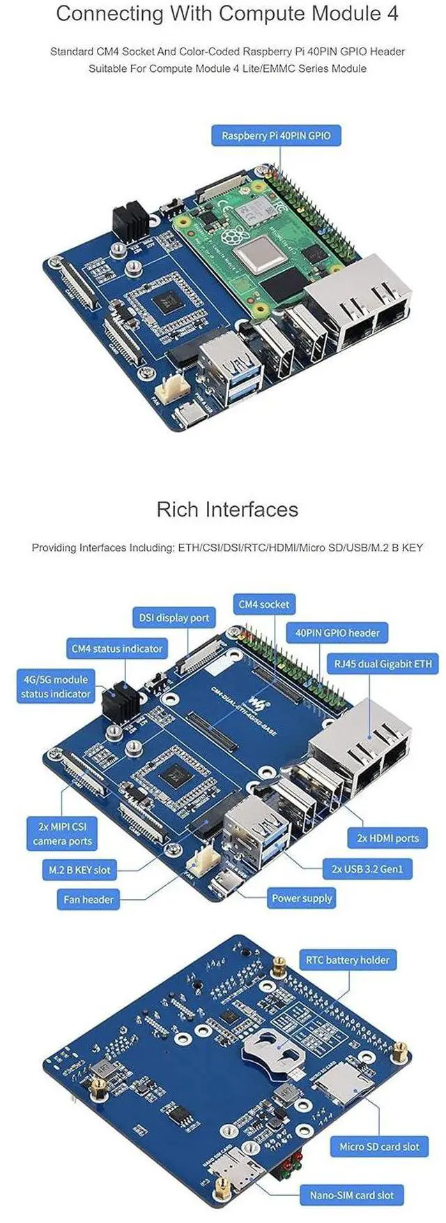 Alt view image 6 of 7 - Dual Gigabit Ethernet 5G/4G Cellular Support Base Board Designed for Raspberry Pi Compute Module 4(CM4)