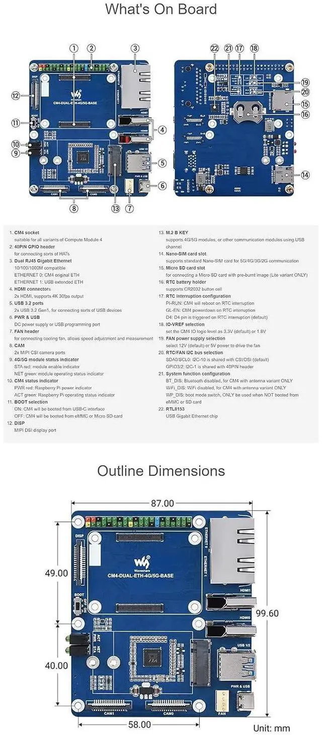 Alt view image 7 of 7 - Dual Gigabit Ethernet 5G/4G Cellular Support Base Board Designed for Raspberry Pi Compute Module 4(CM4)