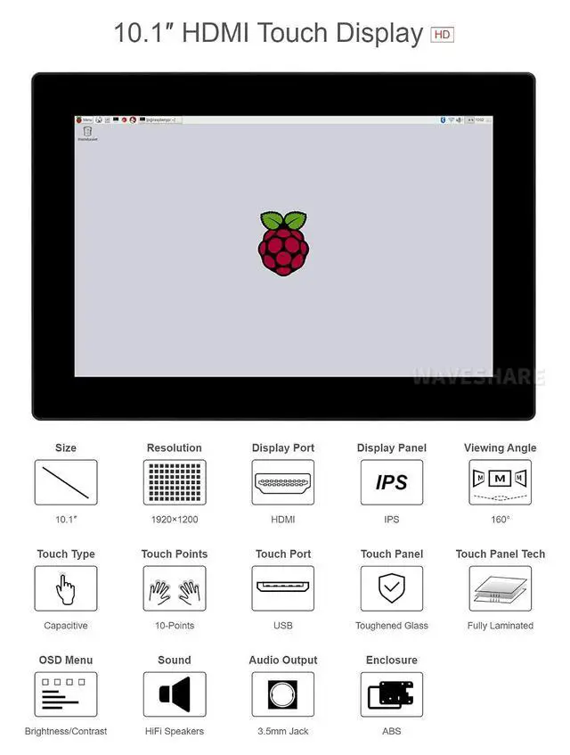 Alt view image 4 of 7 - 10.1inch HD Capacitive Touch Screen LCD (G), Compatible Supports Raspberry Pi/Jetson Nano/PC, 10-Points Touch, 1920×1200, HDMI, IPS Fully Laminated Screen