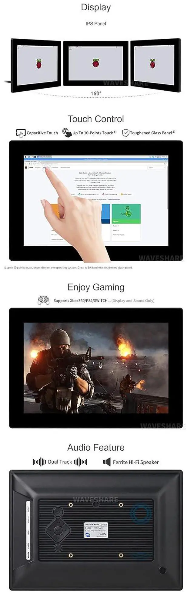 Alt view image 6 of 7 - 10.1inch HD Capacitive Touch Screen LCD (G), Compatible Supports Raspberry Pi/Jetson Nano/PC, 10-Points Touch, 1920×1200, HDMI, IPS Fully Laminated Screen