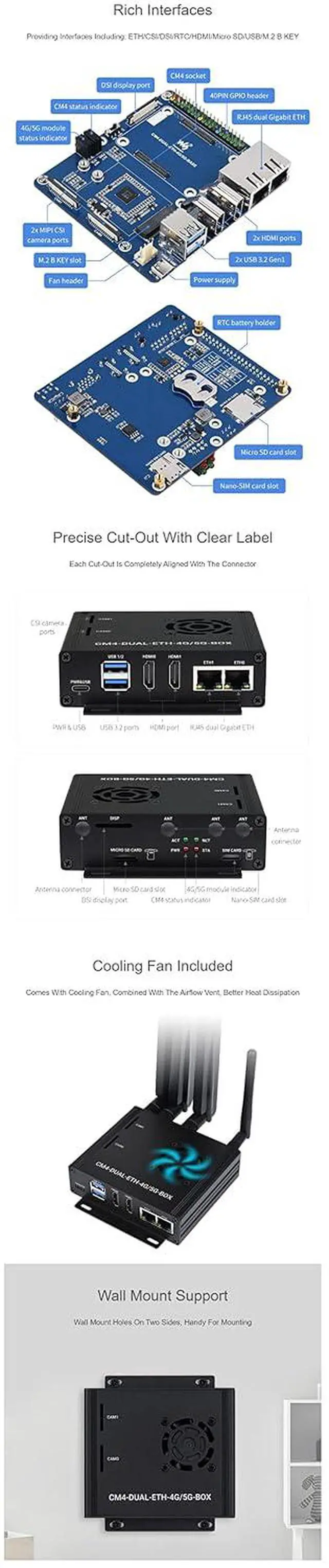 Alt view image 5 of 7 - Dual Gigabit Ethernet 5G/4G Mini-Computer Based On Pi Compute Module 4 (CM4 NOT Included), Cooling Fan Inside, Metal Case Cover