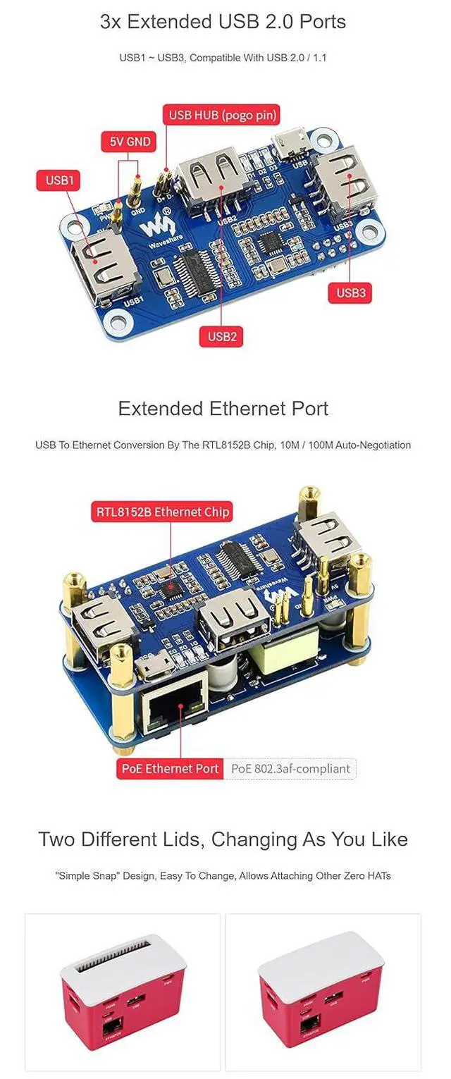 Alt view image 5 of 7 - PoE Ethernet/USB HUB Box Compatible with Raspberry Pi Zero Series, with PoE/ETH/USB HUB HAT Inside, 802.3af-Compliant, Includes 3X USB 2.0 Ports