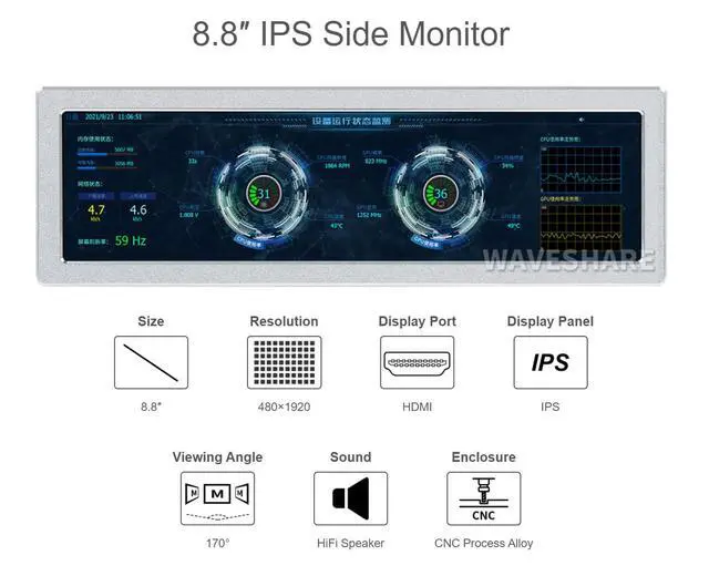 Alt view image 4 of 7 - 8.8inch Side Monitor Support Raspberry Pi/Jetson Nano/PC, 480×1920, HDMI Port, IPS Display Panel, HiFi Speaker