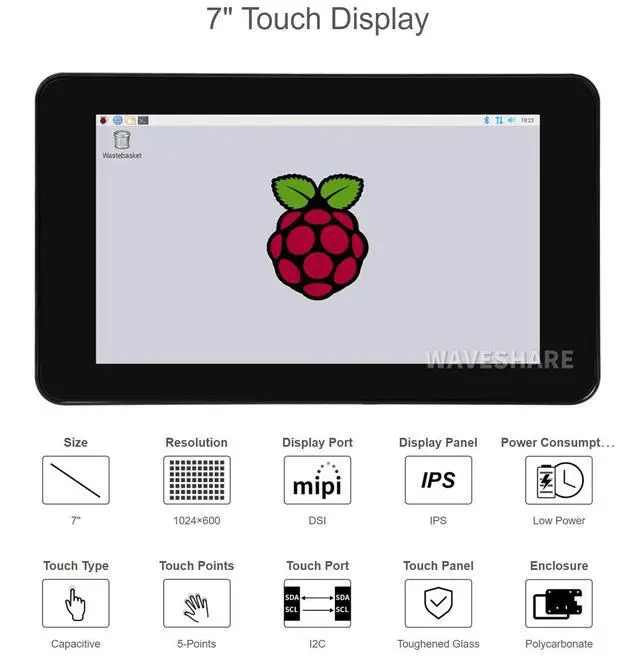Alt view image 3 of 7 - 7inch Capacitive Touch IPS Display for Raspberry Pi 4B, 5-Points Touch, with Protection Case, 1024×600, Brightness Adjustable,DSI Interface