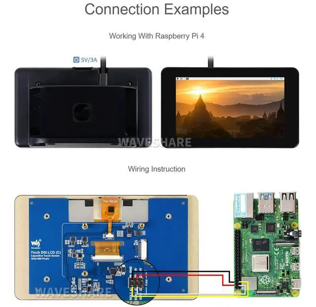 Alt view image 4 of 7 - 7inch Capacitive Touch IPS Display for Raspberry Pi 4B, 5-Points Touch, with Protection Case, 1024×600, Brightness Adjustable,DSI Interface
