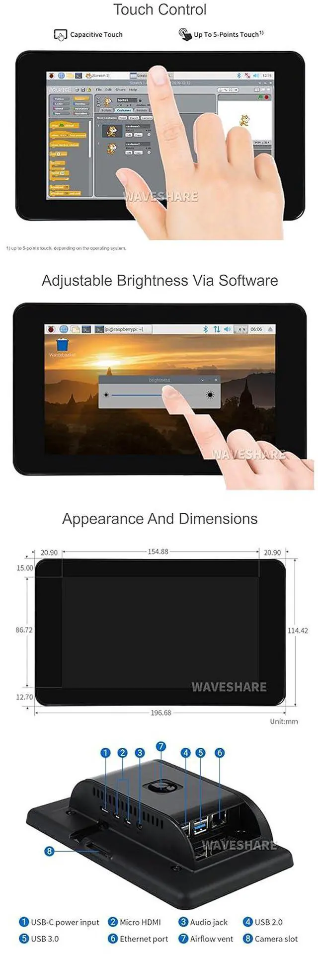 Alt view image 5 of 7 - 7inch Capacitive Touch IPS Display for Raspberry Pi 4B, 5-Points Touch, with Protection Case, 1024×600, Brightness Adjustable,DSI Interface