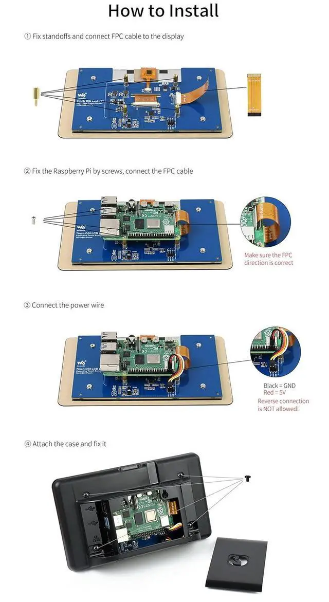Alt view image 6 of 7 - 7inch Capacitive Touch IPS Display for Raspberry Pi 4B, 5-Points Touch, with Protection Case, 1024×600, Brightness Adjustable,DSI Interface