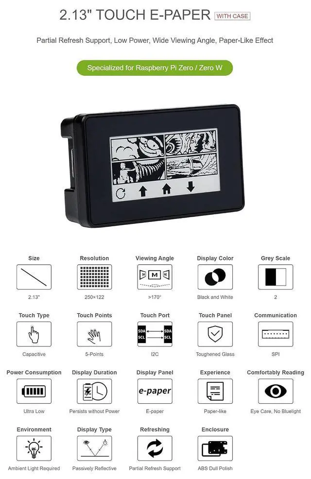 Alt view image 2 of 6 - 2.13inch Touch E-Paper Eink Display Module for Raspberry Pi 4B+ 4B 3B+ 3B 2B+ Zero W WH 2W with ABS Protection Case 5-Point Touch,250×122 Pixels