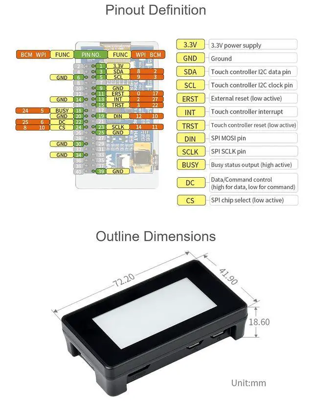 Alt view image 5 of 6 - 2.13inch Touch E-Paper Eink Display Module for Raspberry Pi 4B+ 4B 3B+ 3B 2B+ Zero W WH 2W with ABS Protection Case 5-Point Touch,250×122 Pixels