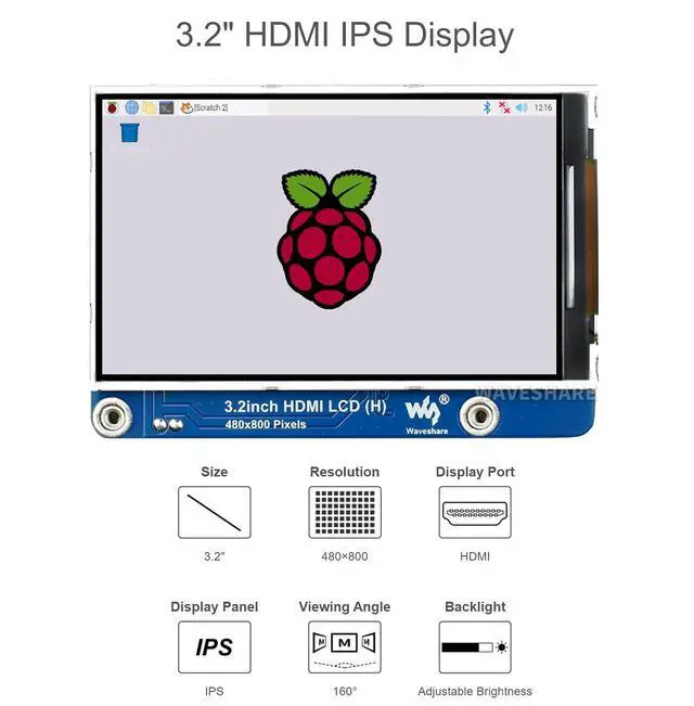 Alt view image 4 of 7 - 3.2inch HDMI IPS LCD Display (H) Fits Raspberry Pi/Jetson Nano/PC, 480×800, No Touch Screen, Adjustable Brightness