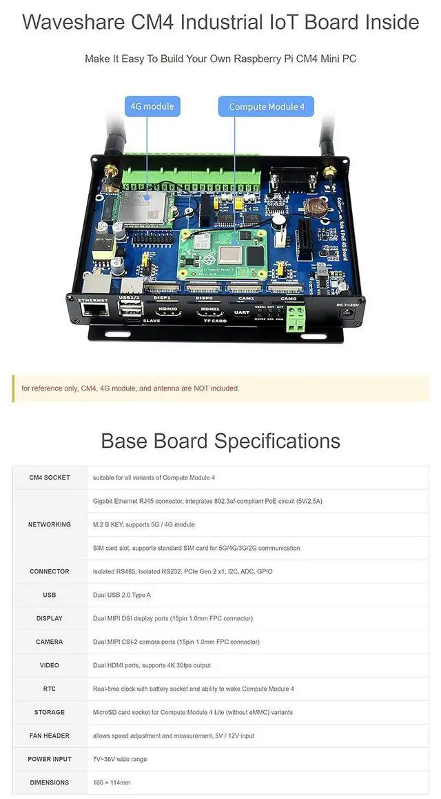 Alt view image 3 of 7 - Industrial IoT Mini-Computer Based On for Raspberry Pi Compute Module 4 (CM4 NOT Included), Rich Connectors,Cooling Fan Included, PoE, 5G/4G, Metal Case