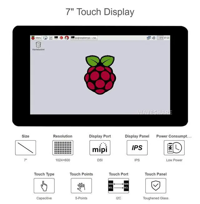 Alt view image 4 of 7 - 7inch Capacitive Touch Screen IPS Display for Raspberry Pi, 1024×600, DSI Interface, up to 5-Points Touch, Adjustable Brightness