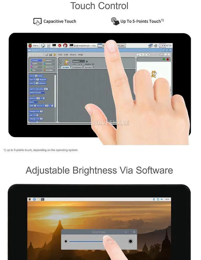 Alt view image 6 of 7 - 7inch Capacitive Touch Screen IPS Display for Raspberry Pi, 1024×600, DSI Interface, up to 5-Points Touch, Adjustable Brightness